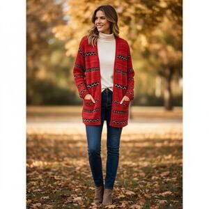Vtg LAUREN RALPH LAUREN Women's Hand Knit Aztek Southwest Red Cardigan Sz L